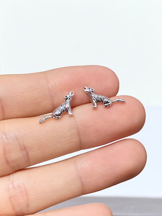 925 Sterling Silver Wolf Stud Earrings, Wolf Earrings, Dog