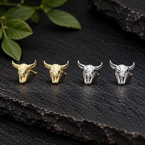 925 Sterling Silver Cow Skull Stud Earrings, 18k Gold Buffalo Earrings image 1