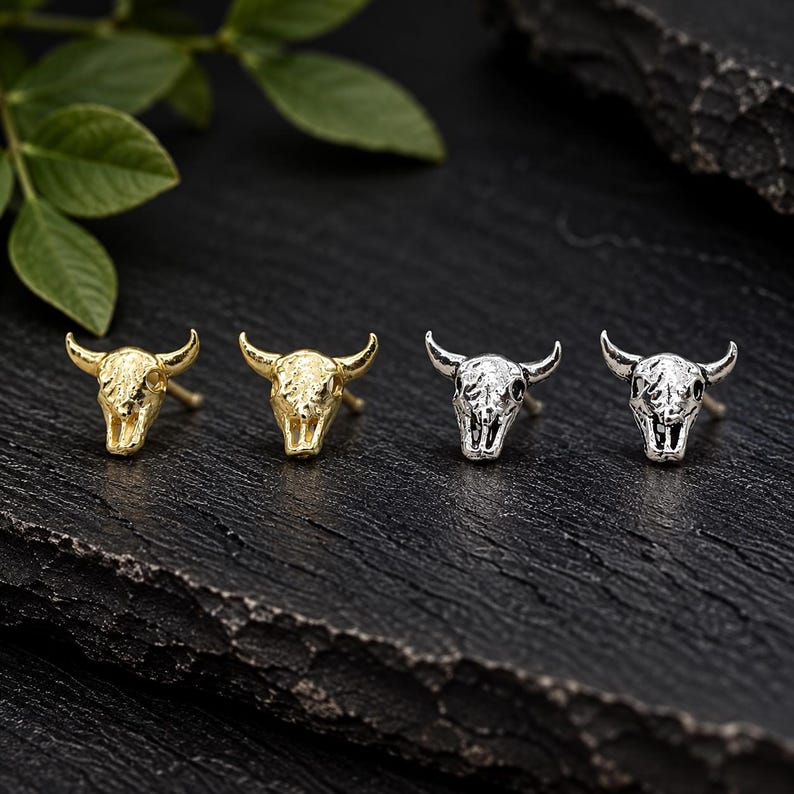 925 Sterling Silver Cow Skull Stud Earrings, 18k Gold Buffalo Earrings image 1