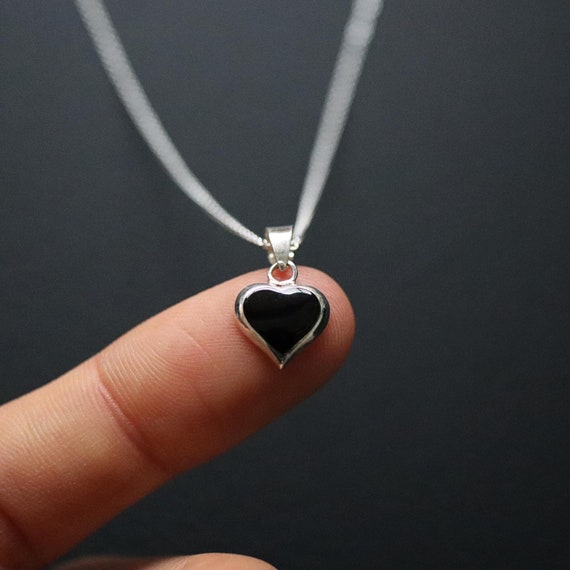 ★HAS★ Silver925 HW003 Mini heart necklace Mini Onyx Heart Pendant Necklace, 925 Silver Heart Necklace