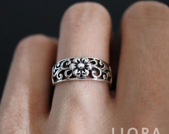 925 Sterling Silver Floral Filigree Ring, Vintage Flower Band, Boho Sterling Silver Ring, Gift for Her