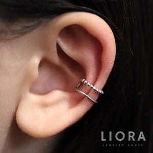 925 Silver Double Band Ear Cuff, Beaded Ear cuff, Double Ear Cuff, Adjustable No Piercing Cartilage Wrap, Minimalist cuff, Unisex Ear Cuff