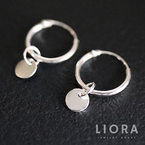 925 Sterling Silver Disc Hoop Earrings, Hoop with Charm Earrings, Hoop Earrings, Hoop Drop Earrings, flat disc charm earring