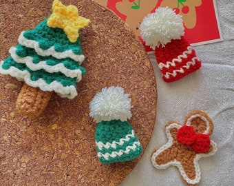 Crochet Christmas Brooch｜Hair Clip Accessories｜Knitted Christmas Tree Shape｜Gingerbread Man｜Santa Hat｜Xmas Ornament Gift