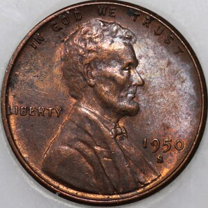 May include: A copper-colored 1950 S Lincoln cent coin. The obverse features a profile of Abraham Lincoln, the word "LIBERTY", and the inscription "IN GOD WE TRUST". The year "1950" and the mint mark "S" are also visible.