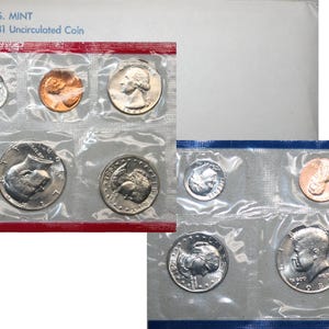 May include: A collection of uncirculated U.S. coins from 1981, sealed in clear plastic packaging. The coins include various denominations, such as pennies, nickels, dimes, quarters, and half dollars. The packaging has red and blue borders with the text "U.S. MINT 1981 Uncirculated Coin."