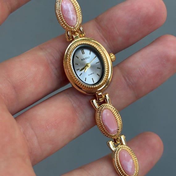 Vintage Style Gold Tone Watch With Pink Stone Accents Jewerly Bracelet