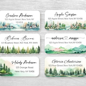 Set di 48 etichette personalizzate con indirizzo di ritorno per matrimonio, adesivi personalizzati, alberi, montagne, laghi, paesaggio primaverile, regalo di inaugurazione della casa