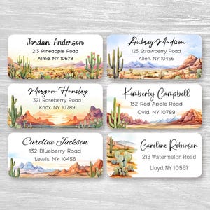 Set di 48 etichette personalizzate per l'indirizzo di ritorno, adesivi personalizzati per matrimonio, regalo di inaugurazione della casa estiva con paesaggio di montagna e cactus nel deserto