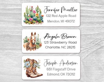 Set of 48 Personalized Watercolor Western West American Cactus Boots Cowboy Cowgirl Return Address Labels, Custom Name Business Stickers