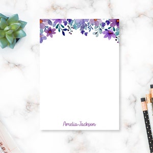 Personalized Notepad, Custom Purple Wildflowers Writing Pad Stationary, Violet Flowers Floral Teacher Appreciation Gift, N119