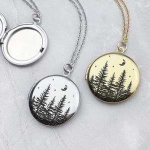 Cresent Moon and Pine trees Engraved Locket Necklace, Golden Stainless Steel Round Locket Necklace, Photo Keepsake, Best Gift, EL124