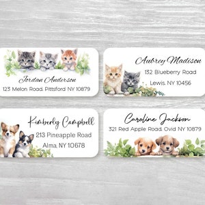 Set of 48 Personalized Cute Dogs Puppies Cats Kittens Greenery Return Address Labels, Baby Shower favor, Housewarming gift Custom Stickers