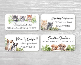 Set of 48 Personalized Cute Dogs Puppies Cats Kittens Greenery Return Address Labels, Baby Shower favor, Housewarming gift Custom Stickers