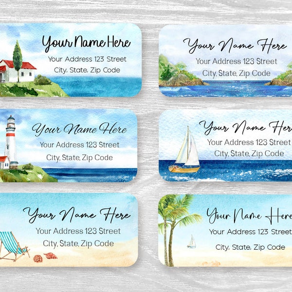 Set of 48 Personalized Watercolor Seascape Sea Light House Beach Tree  Ocean Summer Return Address Labels, Custom Stickers,housewarming gift