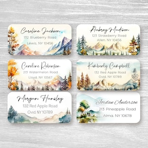 Set von 48 Adressaufklebern, benutzerdefinierten Textaufklebern, Aquarell Sonnenuntergang Landschaft Bäume Berg Herbst 2021