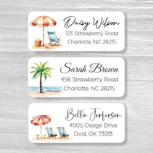Set di 48 etichette personalizzate per indirizzi, spiaggia tropicale, palma, oceano, sedia da spiaggia estiva, ombrellone da spiaggia, adesivi con nome personalizzato
