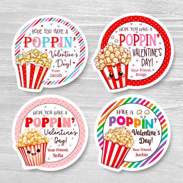 Poppin' Popcorn Valentine Day Sticker Personalized Name Have a Poppin' Valentine's Day Package Gift Tags Stickers for Kids Gift Bags