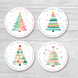 Personalized Cute Christmas Trees Round Simplicity Return Address Labels, Custom Stickers