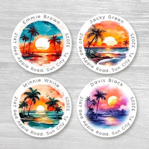 Etichette personalizzate per indirizzo di ritorno per matrimonio con paesaggio tropicale e tramonto sulla spiaggia con acquerello, adesivi per buste personalizzati, sigilli per buste