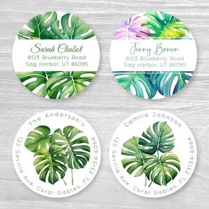 Personalized Round Tropical Leaves Monstera Palm Return Address Labels, Custom Wedding Stickers, Custom Envelope  Stickers, Envelope Seals