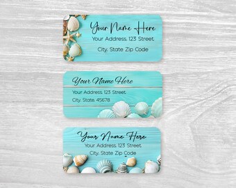 Set of 48 Personalized Return Address Labels, Shells on Wood Background Summer Beach Wedding Custom Stickers, housewarming gift