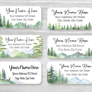 Set of 48 Personalized Mountains Woodland Trees Deer Landscape Greenery Return Address Labels, Custom Stickers,housewarming gift