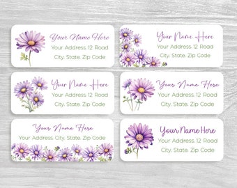 48 Stück personalisierte Aquarell lila Gänseblümchen Wildblumen Adressaufkleber, Einweihungsparty Geschenk, personalisierte Adressaufkleber