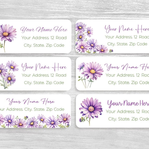 Set of 48 Personalized Watercolor Purple Daisy Wildflowers Return Address Labels Housewarming gift, Custom Stickers