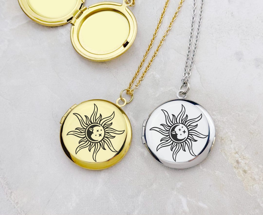 Sun Chain Locket Sun and Moon Engraved Locket Necklace, Golden Stainless Steel Round ...
