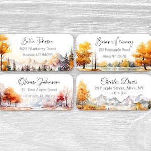 Set of 48 Personalized Watercolor Trees Mountain Lake Landscape Golden Autumn Housewarming Gift Return Address Labels, Custom Name Stickers