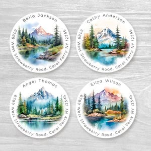 Personalisierte runde Aquarell Bäume Berg Wald am See Hochzeit Adressaufkleber, kundenspezifische Umschlagaufkleber, Umschlag Aufkleber