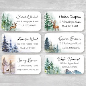 Set of 48 Personalized Trees Mountain Woodland Deer Landscape Christmas Winter Return Address Labels, Custom Stickers,housewarming gift