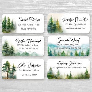 Set von 48 personalisierte Bäume Berg Reh Frühling Sommer Landschaft Abenteuer Hochzeit Adressaufkleber, benutzerdefinierte Etiketten