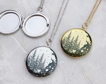 Moon and Pine trees Engraved Locket Necklace, Golden Stainless Steel Round Locket Necklace, Photo Keepsake, Best Gift, EL113