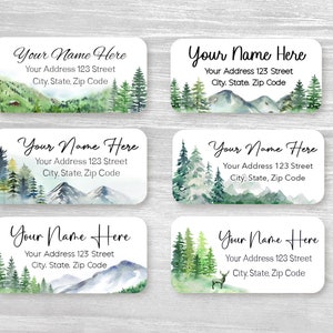 Set of 48 Personalized Trees Mountain Woodland Deer Landscape Spring housewarming gift Wedding Return Address Labels, Custom Stickers