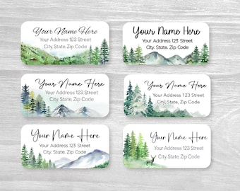Set of 48 Personalized Trees Mountain Woodland Deer Landscape Spring housewarming gift Wedding Return Address Labels, Custom Stickers
