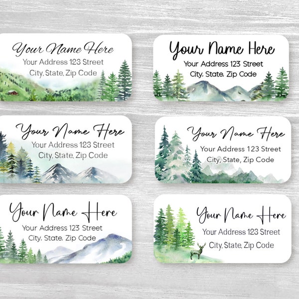 Set of 48 Personalized Trees Mountain Woodland Deer Landscape Spring housewarming gift Wedding Return Address Labels, Custom Stickers