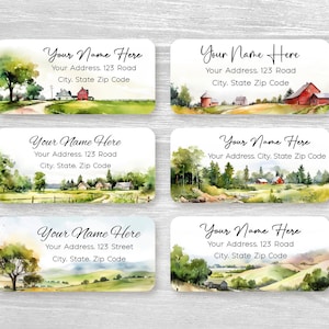 Set of 48 Personalized Watercolor Countryside Landscape Trees Mountain Housewarming Return Address Labels Gift, Wedding Custom Stickers