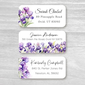Set of 48 Personalized Purple Violet Iris Orchid Flowers Floral Return Address Labels, Business Labels, Mailing Labels, Custom Name Stickers