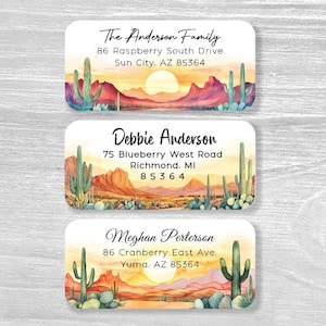 Set di 48 etichette personalizzate per indirizzo di ritorno, adesivi personalizzati per matrimonio, regalo di inaugurazione della casa estiva con paesaggio di montagna e cactus, A923