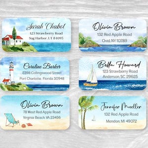 Set di 48 etichette personalizzate con indirizzo di ritorno, adesivi personalizzati, regalo di inaugurazione della casa, paesaggio marino, faro, spiaggia, albero, oceano, estate