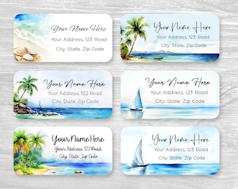 Set of 48 Personalized Return Address Labels, Tropical Beach Coconut tree Sailboat Ocean Summer Wedding Custom Stickers, housewarming gift