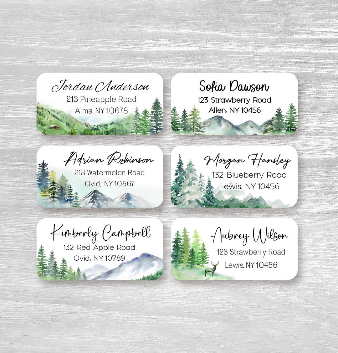 Set of 48 Personalized Trees Mountain Woodland Deer Landscape Spring ...