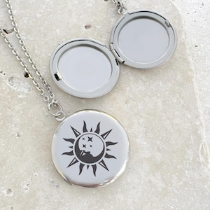 Sun Moon Celestial Engraved Locket Necklace, Stainless Steel Round Locket Necklace, Photo Keepsake, EL004