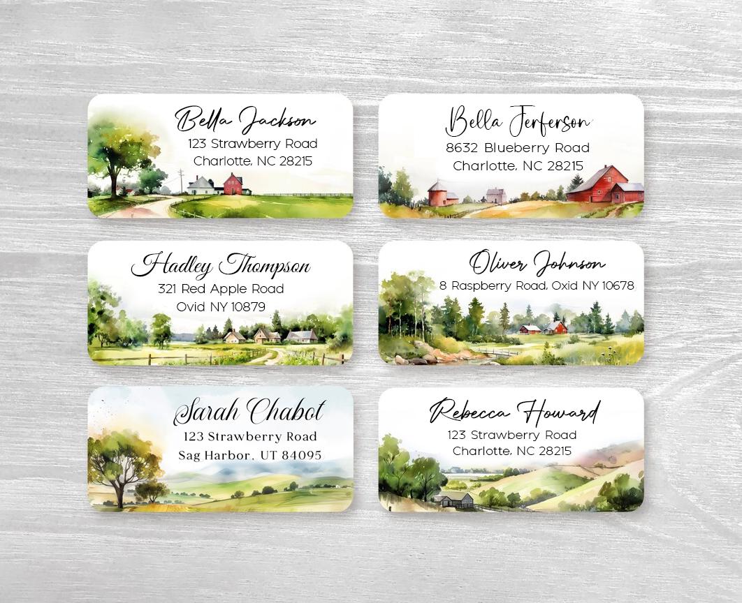 Set of 48 Personalized Watercolor Countryside Landscape Trees Mountain Housewarming Return Address Labels Gift, Wedding Custom Stickers
