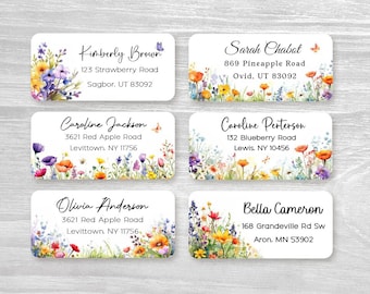 Étiquettes d'adresse personnalisées élégantes fleurs sauvages verdure printemps été cadeau de mariage, autocollants personnalisés, étiquettes commerciales
