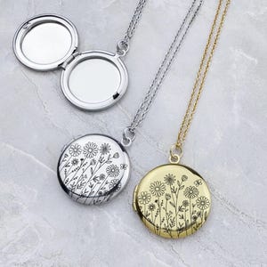 Wildflowers Engraved Locket Necklace, Golden Stainless Steel Round Locket Necklace, Photo Keepsake, Best Gift, EL103