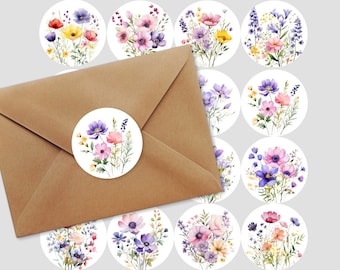Mixed Designs Wildflowers Round Labels, Envelope Seal, Scrapbooking, Gift Packaging Decor, Junk Journal Stickers