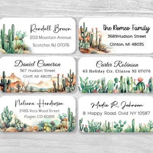Set di 48 adesivi personalizzati per indirizzo di ritorno, etichette personalizzate, etichette personalizzate per matrimonio estivo con paesaggio di montagna del deserto di cactus